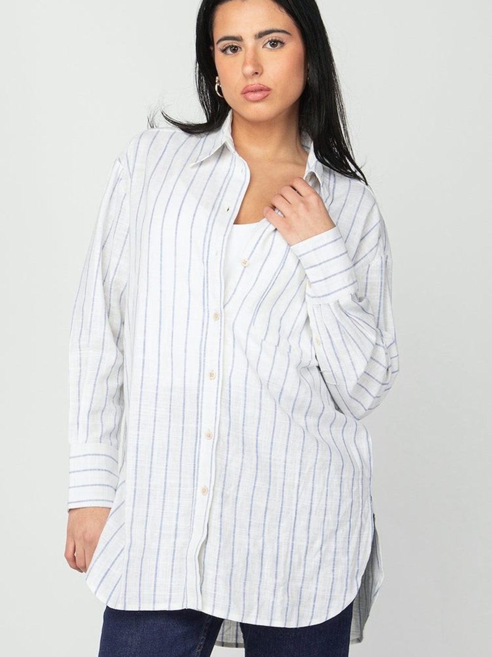 Black Tape Striped Button-Up Shirt - White with Light Blue Stripes Rayon / Lin S